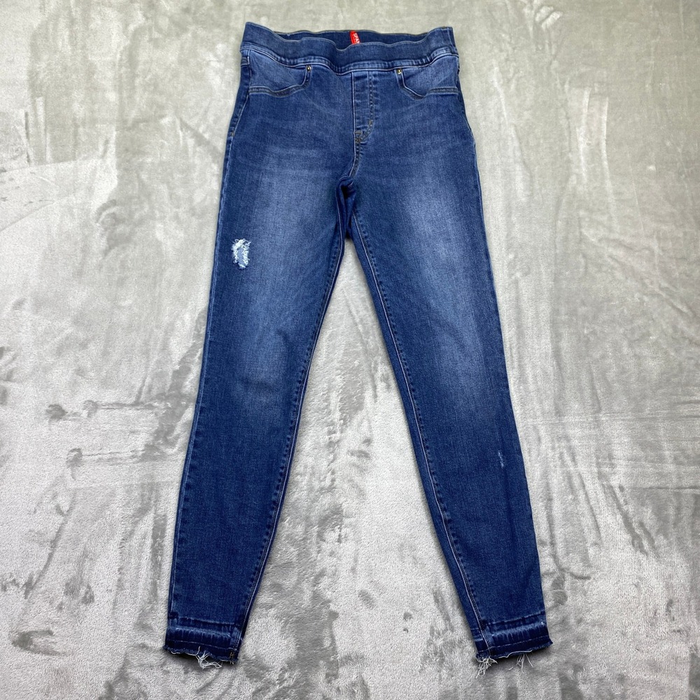 SPANX by Sara Blakely Women's Blue Denim Look Pull On Jeans M Distressed Raw Hem